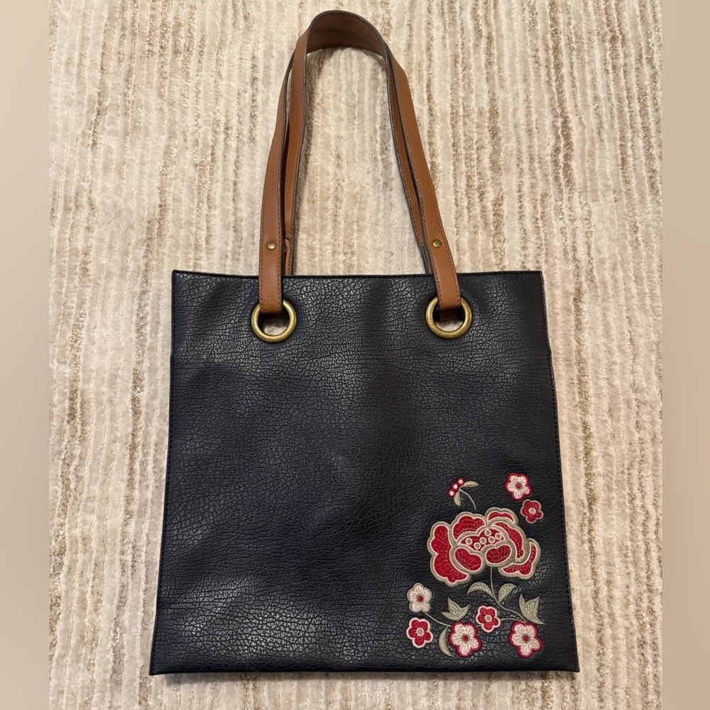 Carlos Santana Floral Embroidered Black Tote Bag